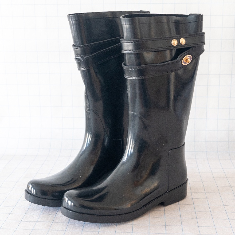 Coach Tara Shiny Rubber / Matte Leather Harness Rain Boot Wellies - Size 5